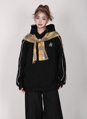 75折NEW设计感撞色格纹拼接假两件卫衣女春秋潮oversize情侣外套