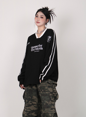 INGA美式复古V领套头薄款卫衣女潮牌高级感刺绣字母运动棒球上衣