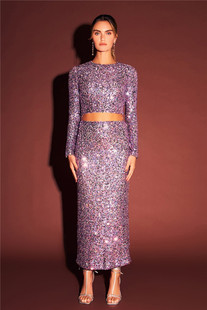 清仓美国小众ins设计感210美金美人鱼姬亮片长袖露背上衣半裙套装