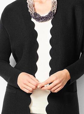 清仓 美国中产老钱129美金优雅复古贝壳波浪边中长款无扣针织开衫