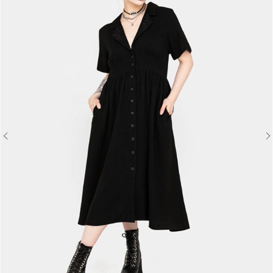 英国小众哥特亚文化ins暗黑辣妹复古高腰刺绣亚麻翻领衬衫连衣裙