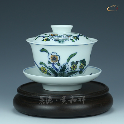 京德贵和祥五彩花卉小盖碗手绘