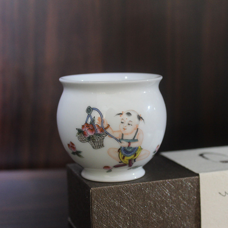 京德贵和祥粉彩金童报喜杯景德镇手绘陶瓷品茗主人杯京德茶具私家