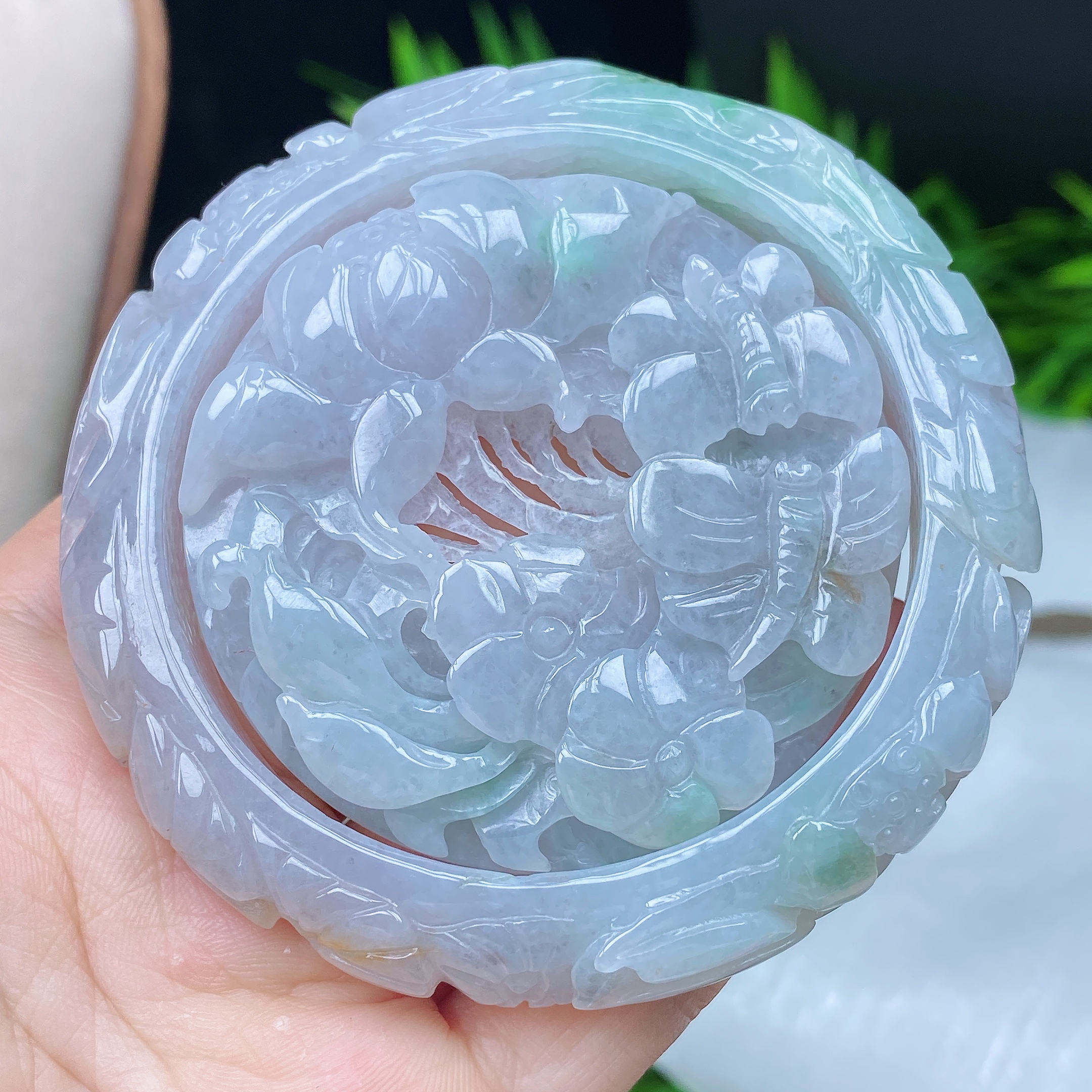 天然缅甸A货57.4圈口翡翠春彩蝶恋花手镯套装