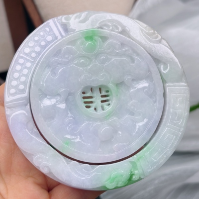 天然缅甸A货冰润飘绿带紫罗兰60.2圈口翡翠手镯套装