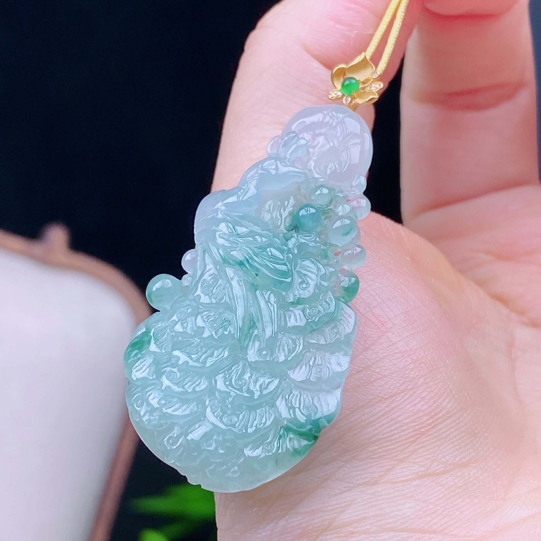 天然缅甸A货翡翠冰飘花精雕凤来仪翡翠吊坠