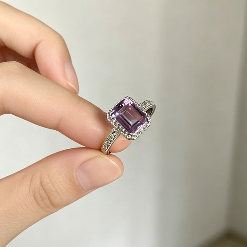 紫水晶小方形戒指女通体s925银天然水晶高级感小众设计指环可调节