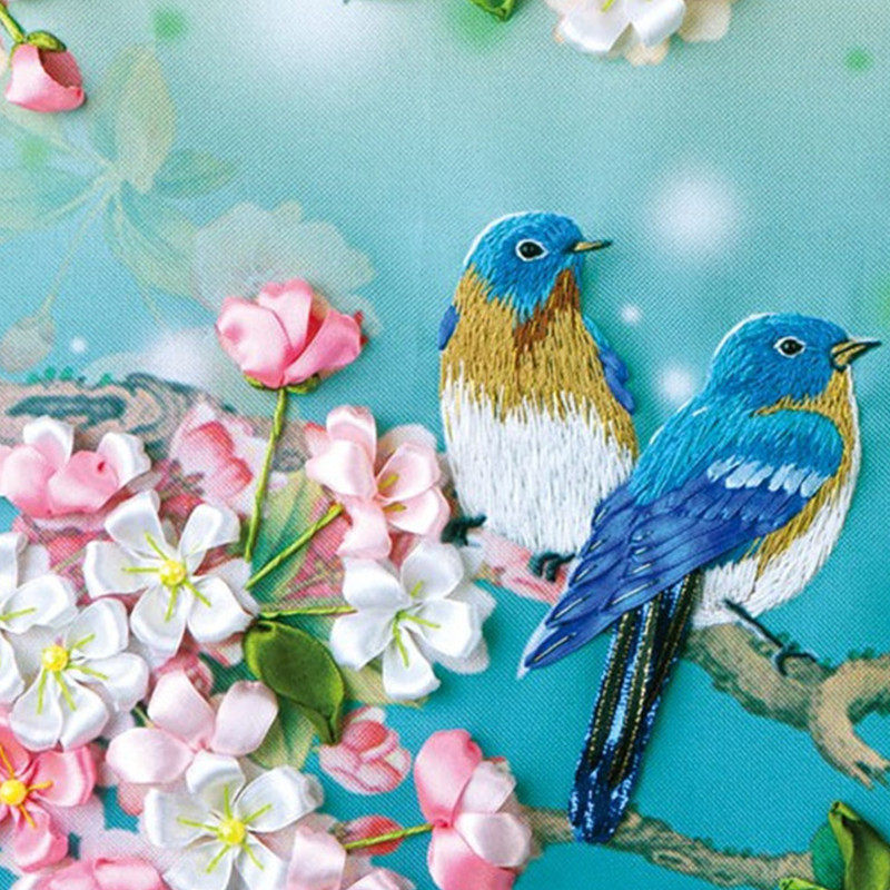 包邮正品丝带绣新款倾心蜜语彩印立体鸟语花香客厅挂画非十字秀
