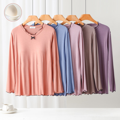 比特棉V领长袖打底衫夏季新款甜美木耳边蝴蝶结宽松休闲女上衣