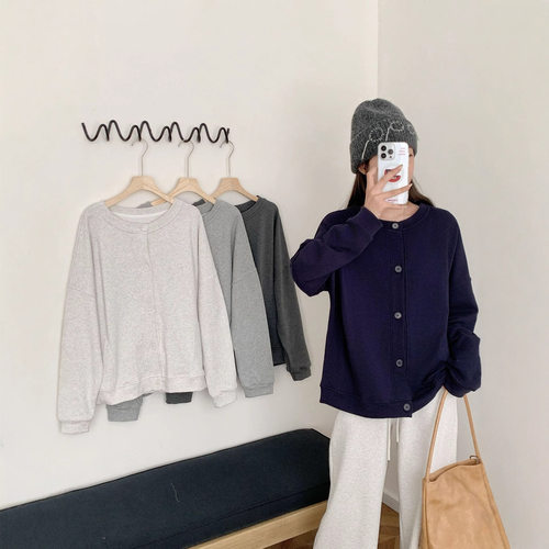 文艺复古休闲棒球服水洗棉宽松大码外套春秋单排扣长袖开衫卫衣