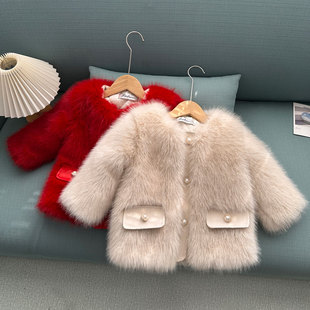 女童皮草外套宝宝秋冬洋气冬装新款毛毛儿童大衣加厚保暖时尚棉服