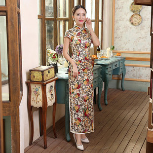 真丝复古经典 双层长旗袍CZ0011 蚕丝喷绘弹力缎修身