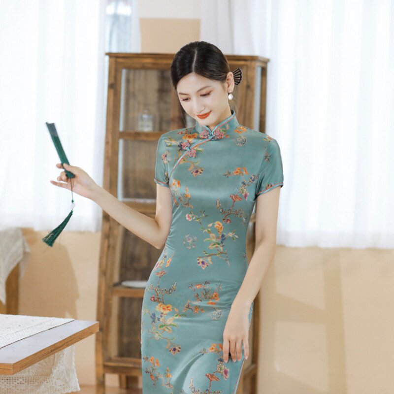 长款大码短袖绸缎旗袍古典改良舞蹈演出服连衣裙新中式国风女唐装