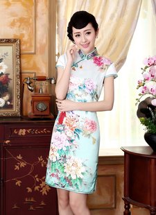 Z0020 秋色牡丹纯真丝定位喷绘弹力缎短旗袍 厂家直销新款 夏装