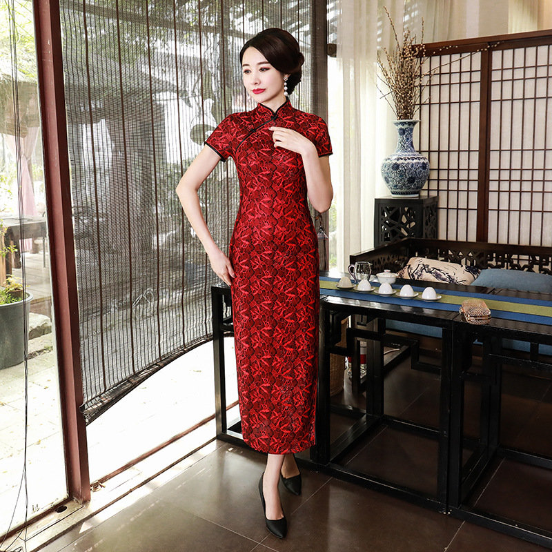 新款改良旗袍长款连衣裙大码妈妈装修身复古演出服蕾丝中国风