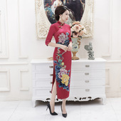 日常宴会演出服装 直销秋冬丝绒旗袍长款 高开叉中国风复古修身