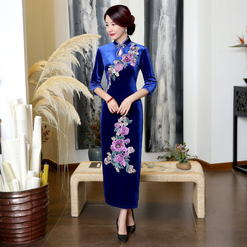 秋冬新款经典中式礼服复古改良时尚绣花丝绒女士旗袍连衣裙T0022A