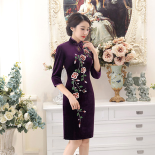 改良日常宴会演出服表演妈妈装 丝绒旗袍短款 连衣 B秋冬新款 TD0071