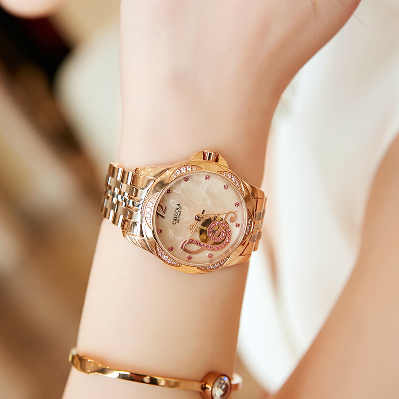 卡罗莱手表女士机械表时尚潮流女表正品牌气质瑞名镶钻镂空防水