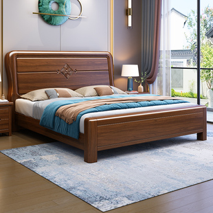 政府补贴中式胡桃木实木床主卧加厚2米x2米2大床双人床主卧婚床