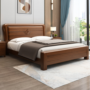 雅麦嘉胡桃木中式实木床现代简约主卧1.8米双人轻奢高箱储物婚床
