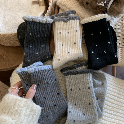 厚袜子女款2025新款爆款冬季加厚绒保暖灰色中筒波点女士堆堆长袜