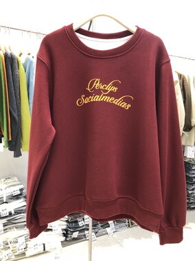 ALIN加绒加厚本命年红色正肩卫衣女秋冬季宽松重磅小个子时尚上衣