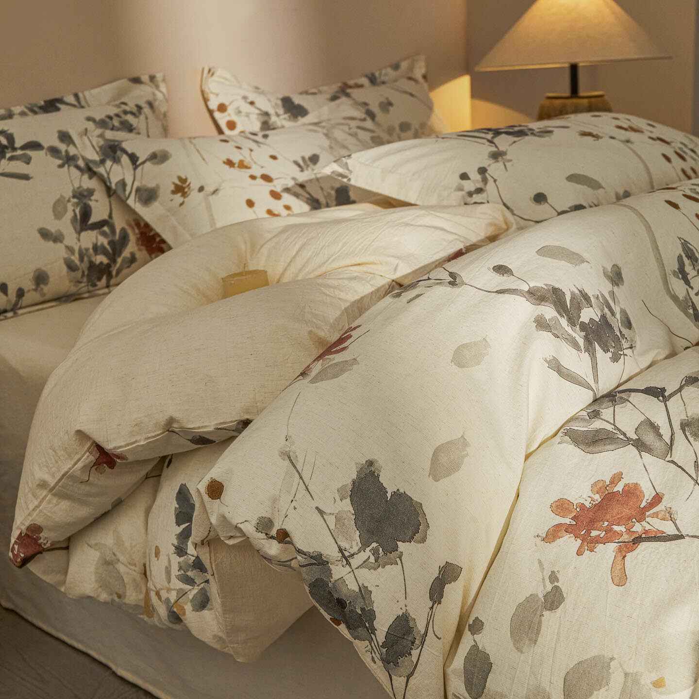 中式水墨花卉棉麻床上四件套全棉亚麻被套被罩四季主卧室床单床品