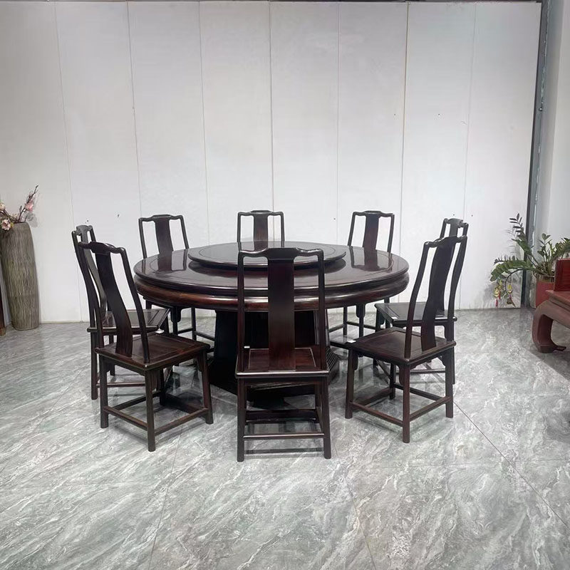 大红酸枝明式圆餐桌九件套新中式客厅全实木餐桌椅组合红木家具
