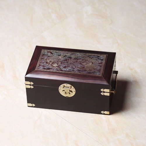 大叶紫檀嵌丝龙凤呈祥首饰盒红木嫁妆箱古风珠宝首饰箱木质收纳盒