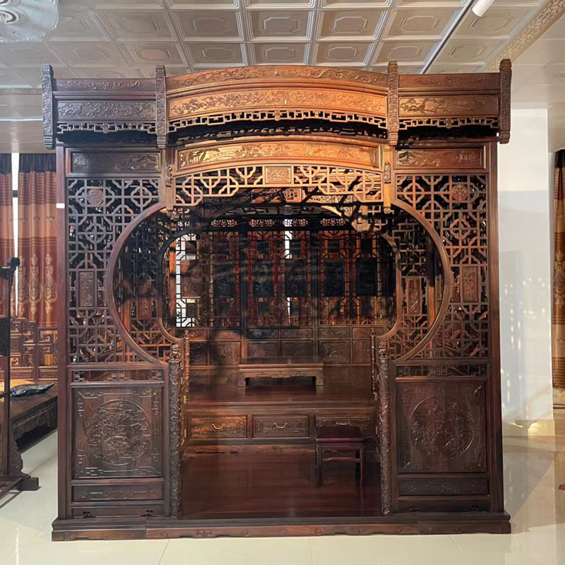 大红酸枝红木古代宫廷床明清古典中式仿古踏步床老式千工拔步床