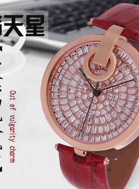 2020新款红色手表女皮带大表盘圆型满天星满钻大水晶防水时尚潮流