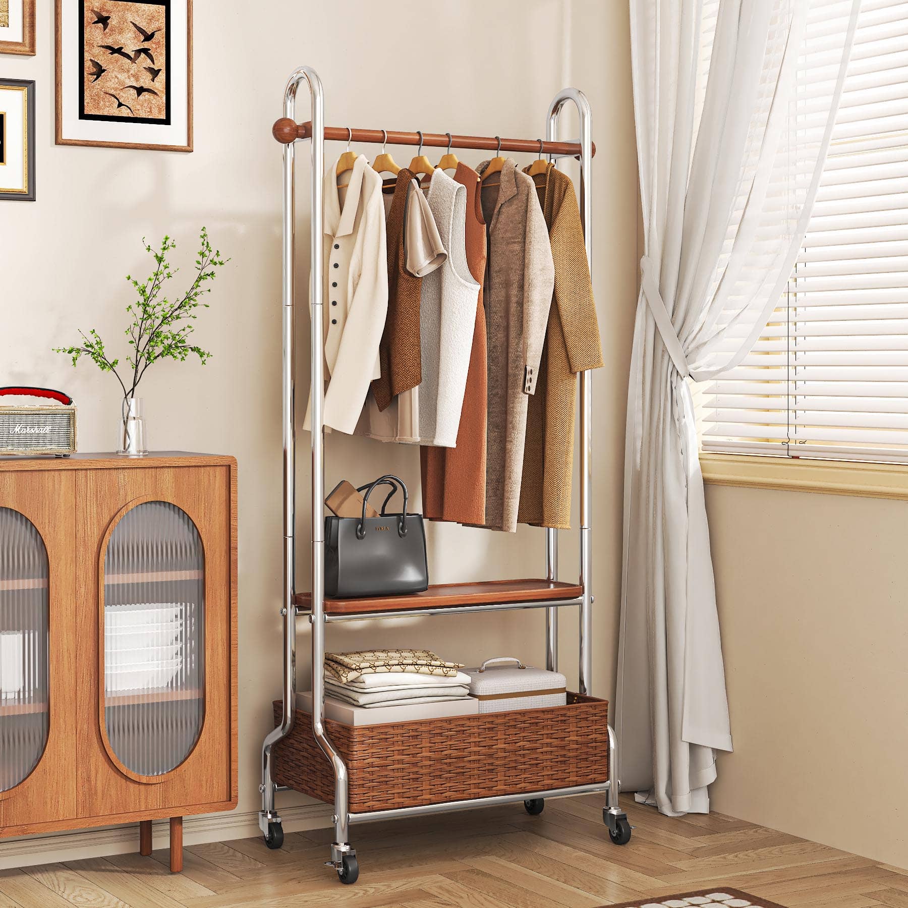 落地可移动双层隔夜衣架置物架