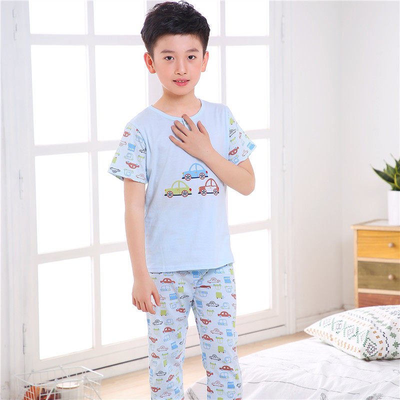 圆领空调服春夏款男女童纯棉低领满花薄款短袖长裤家居服睡衣套装