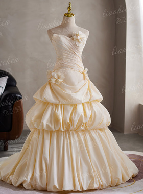 恋之辰法式韩版抹胸香槟色花朵长款礼服宴会公主超仙拖尾轻婚纱女