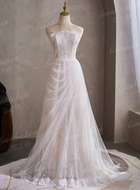 恋之辰法式抹胸蕾丝鱼尾轻婚纱白色长款新娘主纱修身拖尾高级质感