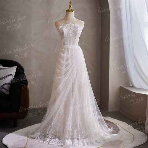 法式白色抹胸蕾丝鱼尾新娘婚纱女