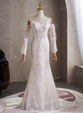 恋之辰法式一字肩蕾丝鱼尾婚纱新娘重工优雅显瘦超仙白色气质礼服