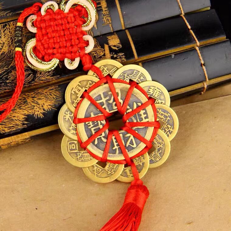 纯铜梅花五帝十帝钱铜钱挂件金边中国结化解门对门压门槛玄关挂件
