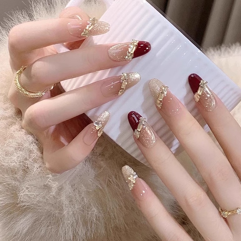 猫眼红色手工法式穿戴甲