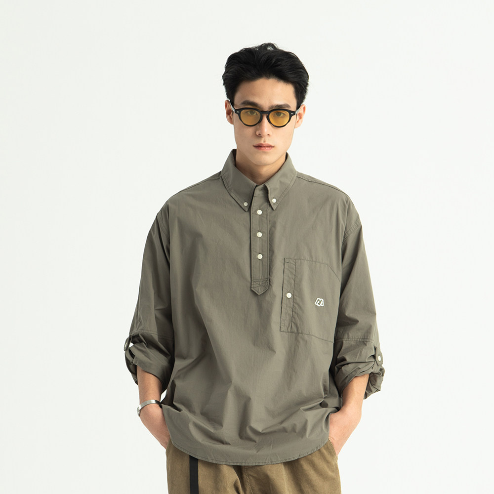 套头半门筒工匠风复古长袖衬衫