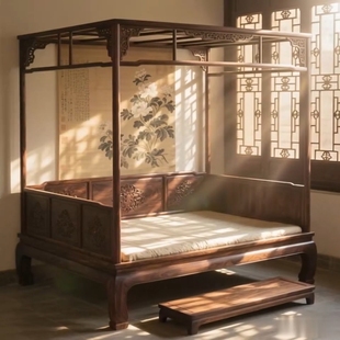 实木双人床宋式美学黑胡桃白蜡木卧室大床储物主卧酒店民宿家具