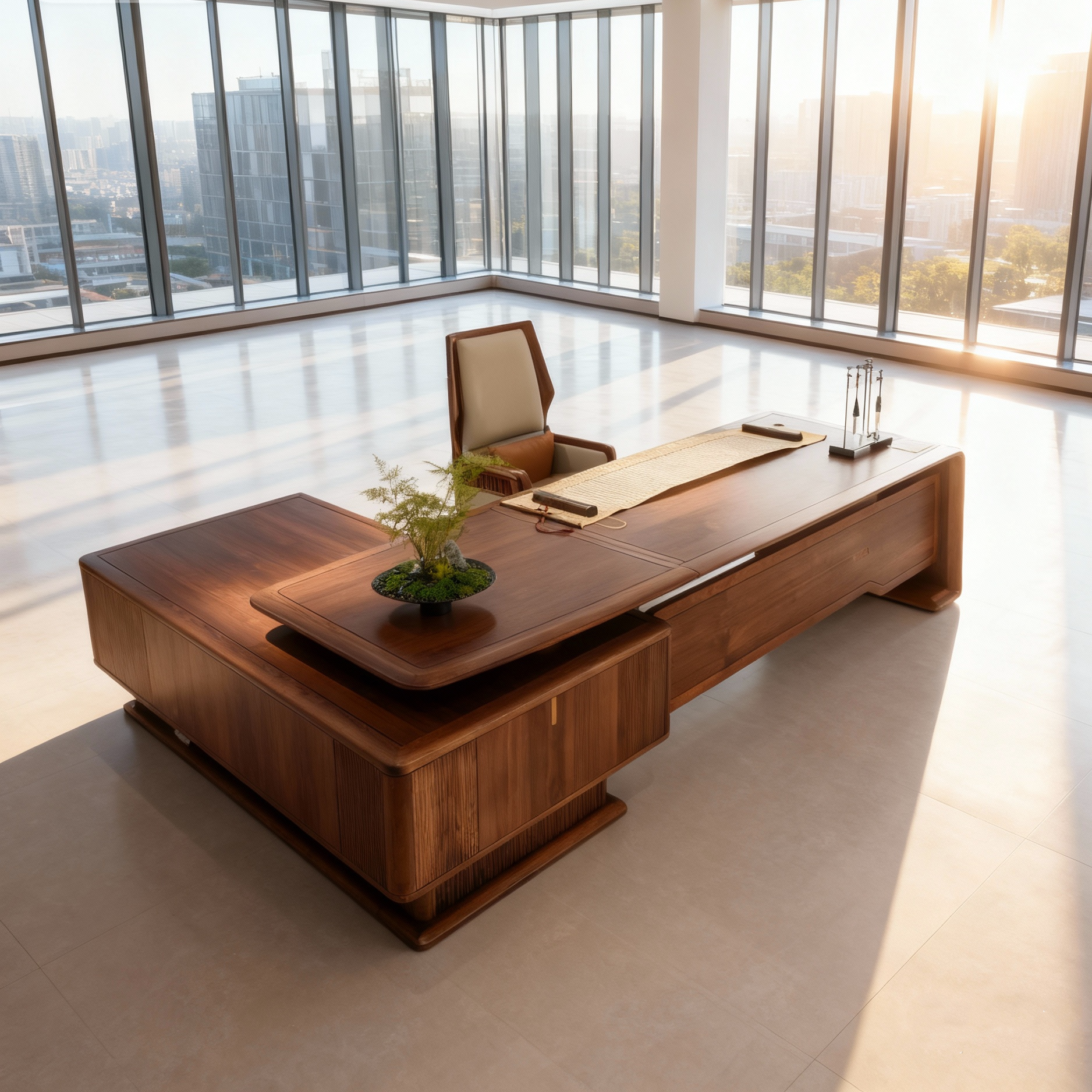 白蜡木大班台宋式美学酒店禅意黑胡桃高端办公室时尚经理主管桌