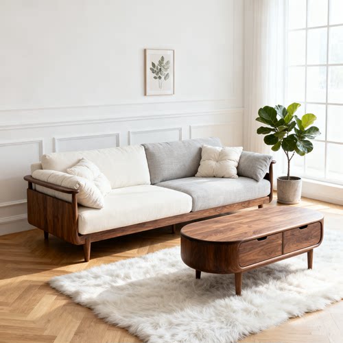 休闲简约禅意白蜡木沙发茶几组合宋式北美黑胡桃木高端客厅家具