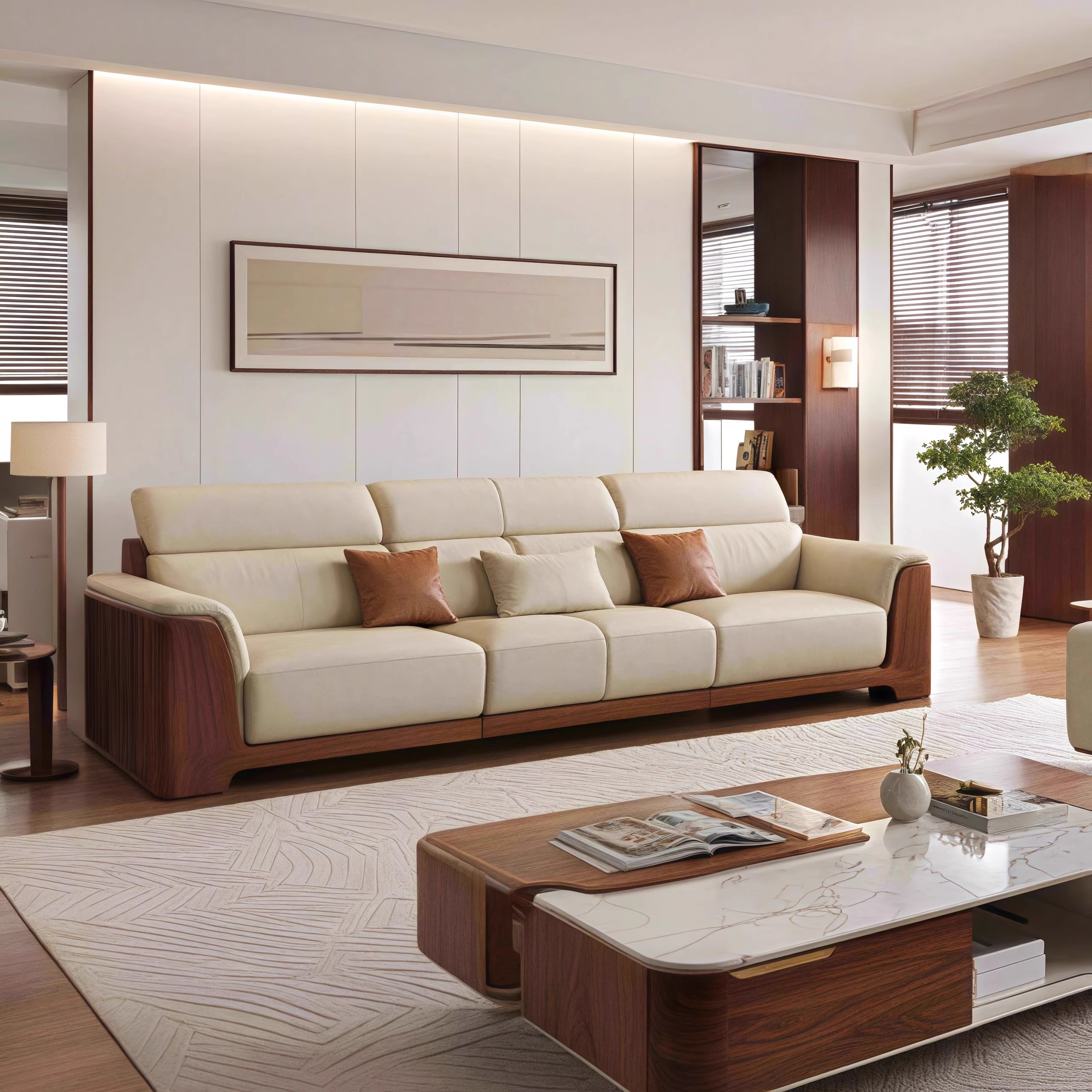 高端北美黑胡桃木设计师同款客厅家具宋式禅意白蜡木沙发茶几组合