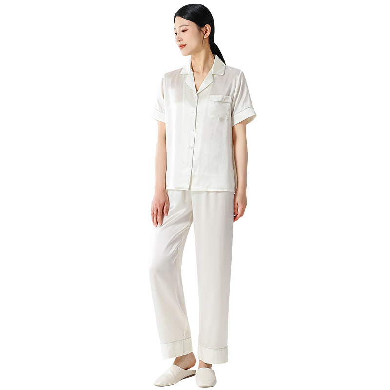韩版清新可外穿100%真丝夏情侣睡衣两件套家居服短袖女款桑蚕丝绸