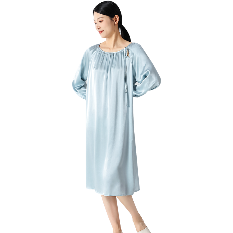 枕水人家100%真丝短袖睡裙可爱薄款纯色桑蚕丝家居服甜美女款睡衣