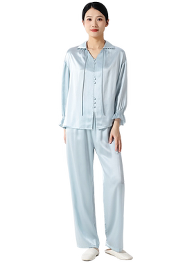 100%真丝睡衣套装女款100%桑蚕丝丝滑甜美长袖长裤家居服新款