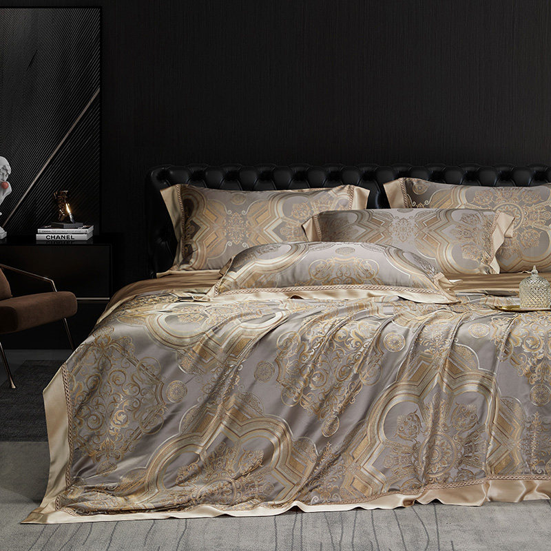 枕水人家A版重磅28姆米色织提花四件套真丝蚕丝床上用品床单被套