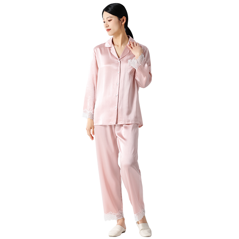 浙江100%桑蚕丝春夏女款真丝睡衣女长袖长裤两件套宽松性感家居服